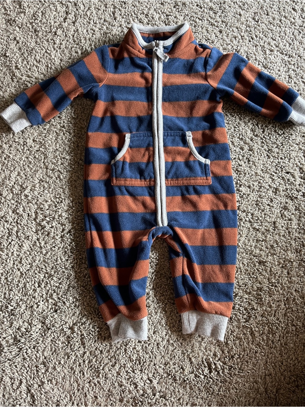 6M Carter’s bear striped fleece sleeper baby boys zip up pjs blue brown